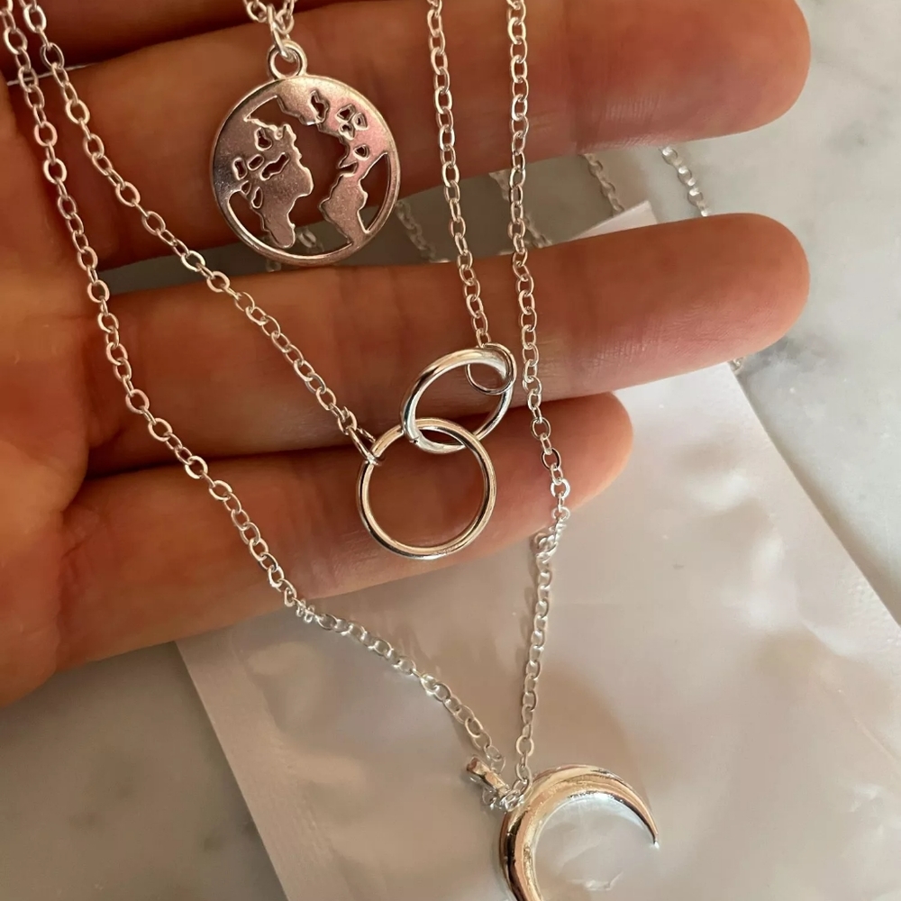 NEW Silver Boho Trendy Choker Multilayer Earth Map Circle Horn Pendant Necklace - Picture 2 of 16